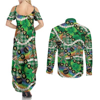St Patrick's Day Palaka Hawaii Couples Matching Summer Maxi Dress and Long Sleeve Button Shirt Kukui Nut Pikake Lei Shamrock Dabbing Leprechaun LT14 - Polynesian Pride