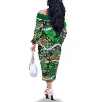 St Patrick's Day Palaka Hawaii Family Matching Off The Shoulder Long Sleeve Dress and Hawaiian Shirt Kukui Nut Pikake Lei Shamrock Dabbing Leprechaun LT14 - Polynesian Pride