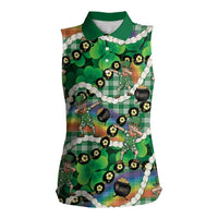 St Patrick's Day Palaka Hawaii Women Sleeveless Polo Shirt Kukui Nut Pikake Lei Shamrock Dabbing Leprechaun LT14 Female Green - Polynesian Pride