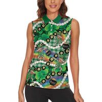 St Patrick's Day Palaka Hawaii Women Sleeveless Polo Shirt Kukui Nut Pikake Lei Shamrock Dabbing Leprechaun LT14 - Polynesian Pride
