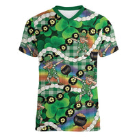 St Patrick's Day Palaka Hawaii Women V-Neck T-Shirt Kukui Nut Pikake Lei Shamrock Dabbing Leprechaun LT14 Female Green - Polynesian Pride