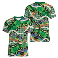 St Patrick's Day Palaka Hawaii Women V-Neck T-Shirt Kukui Nut Pikake Lei Shamrock Dabbing Leprechaun LT14 - Polynesian Pride