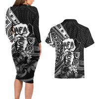 Hafa Adai Guam Discovery Day Couples Matching Long Sleeve Bodycon Dress and Hawaiian Shirt Chamorro Latte Stone Hand Black Version LT14 - Polynesian Pride