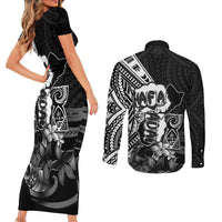Hafa Adai Guam Discovery Day Couples Matching Short Sleeve Bodycon Dress and Long Sleeve Button Shirt Chamorro Latte Stone Hand Black Version