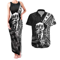 Hafa Adai Guam Discovery Day Couples Matching Tank Maxi Dress and Hawaiian Shirt Chamorro Latte Stone Hand Black Version