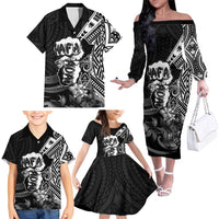 Hafa Adai Guam Discovery Day Family Matching Off The Shoulder Long Sleeve Dress and Hawaiian Shirt Chamorro Latte Stone Hand Black Version LT14 - Polynesian Pride