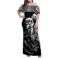 Hafa Adai Guam Discovery Day Family Matching Off Shoulder Maxi Dress and Hawaiian Shirt Chamorro Latte Stone Hand Black Version LT14 Mom's Dress Black - Polynesian Pride
