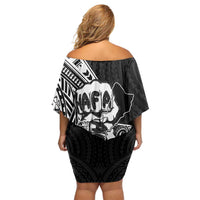 Hafa Adai Guam Discovery Day Family Matching Off Shoulder Short Dress and Hawaiian Shirt Chamorro Latte Stone Hand Black Version LT14 - Polynesian Pride