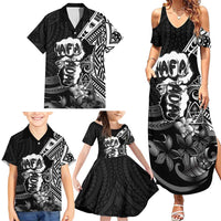 Hafa Adai Guam Discovery Day Family Matching Summer Maxi Dress and Hawaiian Shirt Chamorro Latte Stone Hand Black Version LT14 - Polynesian Pride