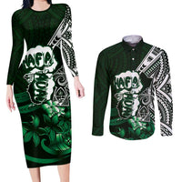 Hafa Adai Guam Discovery Day Couples Matching Long Sleeve Bodycon Dress and Long Sleeve Button Shirt Chamorro Latte Stone Hand Green Version LT14 Green - Polynesian Pride