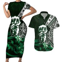 Hafa Adai Guam Discovery Day Couples Matching Short Sleeve Bodycon Dress and Hawaiian Shirt Chamorro Latte Stone Hand Green Version LT14 Green - Polynesian Pride