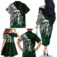 Hafa Adai Guam Discovery Day Family Matching Off The Shoulder Long Sleeve Dress and Hawaiian Shirt Chamorro Latte Stone Hand Green Version LT14 - Polynesian Pride