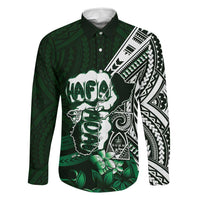 Hafa Adai Guam Discovery Day Family Matching Off The Shoulder Long Sleeve Dress and Hawaiian Shirt Chamorro Latte Stone Hand Green Version LT14 Dad's Shirt - Long Sleeve Green - Polynesian Pride