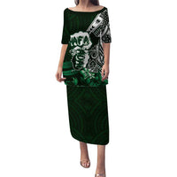 Hafa Adai Guam Discovery Day Family Matching Puletasi and Hawaiian Shirt Chamorro Latte Stone Hand Green Version LT14 Mom's Dress Green - Polynesian Pride