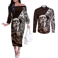 Hafa Adai Guam Discovery Day Couples Matching Off The Shoulder Long Sleeve Dress and Long Sleeve Button Shirt Chamorro Latte Stone Hand Brown Version LT14 Brown - Polynesian Pride