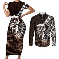 Hafa Adai Guam Discovery Day Couples Matching Short Sleeve Bodycon Dress and Long Sleeve Button Shirt Chamorro Latte Stone Hand Brown Version LT14 Brown - Polynesian Pride