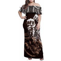 Hafa Adai Guam Discovery Day Family Matching Off Shoulder Maxi Dress and Hawaiian Shirt Chamorro Latte Stone Hand Brown Version LT14 Mom's Dress Brown - Polynesian Pride