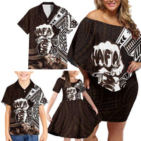 Hafa Adai Guam Discovery Day Family Matching Off Shoulder Short Dress and Hawaiian Shirt Chamorro Latte Stone Hand Brown Version LT14 - Polynesian Pride