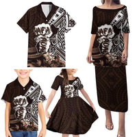 Hafa Adai Guam Discovery Day Family Matching Puletasi and Hawaiian Shirt Chamorro Latte Stone Hand Brown Version LT14 - Polynesian Pride