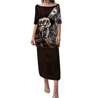 Hafa Adai Guam Discovery Day Family Matching Puletasi and Hawaiian Shirt Chamorro Latte Stone Hand Brown Version LT14 Mom's Dress Brown - Polynesian Pride