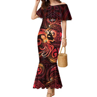 Personalised Polynesia Zodiac Aries Family Matching Mermaid Dress and Hawaiian Shirt Galaxy Polynesian Pattern Chest Tattoo Style LT14 Mom's Dress Red - Polynesian Pride