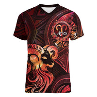 Personalised Polynesia Zodiac Aries Women V-Neck T-Shirt Galaxy Polynesian Pattern Chest Tattoo Style