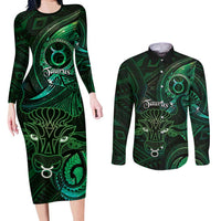 Personalised Polynesia Zodiac Taurus Couples Matching Long Sleeve Bodycon Dress and Long Sleeve Button Shirt Galaxy Polynesian Pattern Chest Tattoo Style