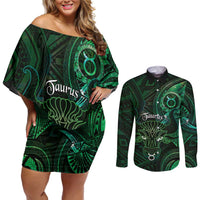 Personalised Polynesia Zodiac Taurus Couples Matching Off Shoulder Short Dress and Long Sleeve Button Shirt Galaxy Polynesian Pattern Chest Tattoo Style