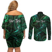 Personalised Polynesia Zodiac Taurus Couples Matching Off Shoulder Short Dress and Long Sleeve Button Shirt Galaxy Polynesian Pattern Chest Tattoo Style