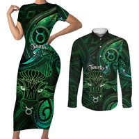 Personalised Polynesia Zodiac Taurus Couples Matching Short Sleeve Bodycon Dress and Long Sleeve Button Shirt Galaxy Polynesian Pattern Chest Tattoo Style