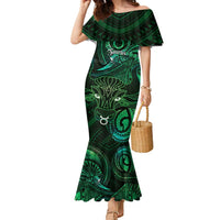 Personalised Polynesia Zodiac Taurus Family Matching Mermaid Dress and Hawaiian Shirt Galaxy Polynesian Pattern Chest Tattoo Style LT14 Mom's Dress Green - Polynesian Pride