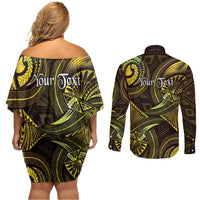 Personalised Polynesia Zodiac Gemini Couples Matching Off Shoulder Short Dress and Long Sleeve Button Shirt Galaxy Polynesian Pattern Chest Tattoo Style