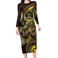 Personalised Polynesia Zodiac Gemini Family Matching Long Sleeve Bodycon Dress and Hawaiian Shirt Galaxy Polynesian Pattern Chest Tattoo Style LT14 Mom's Dress Yellow - Polynesian Pride