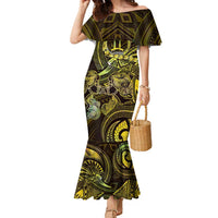 Personalised Polynesia Zodiac Gemini Family Matching Mermaid Dress and Hawaiian Shirt Galaxy Polynesian Pattern Chest Tattoo Style LT14 Mom's Dress Yellow - Polynesian Pride