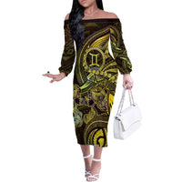 Personalised Polynesia Zodiac Gemini Family Matching Off The Shoulder Long Sleeve Dress and Hawaiian Shirt Galaxy Polynesian Pattern Chest Tattoo Style LT14 Mom's Dress Yellow - Polynesian Pride