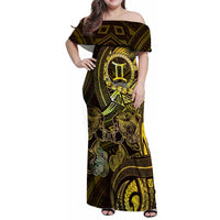Personalised Polynesia Zodiac Gemini Family Matching Off Shoulder Maxi Dress and Hawaiian Shirt Galaxy Polynesian Pattern Chest Tattoo Style LT14 Mom's Dress Yellow - Polynesian Pride