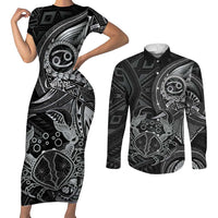 Personalised Polynesia Zodiac Cancer Couples Matching Short Sleeve Bodycon Dress and Long Sleeve Button Shirt Galaxy Polynesian Pattern Chest Tattoo Style