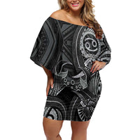 Personalised Polynesia Zodiac Cancer Family Matching Off Shoulder Short Dress and Hawaiian Shirt Galaxy Polynesian Pattern Chest Tattoo Style LT14 Mom's Dress Black - Polynesian Pride