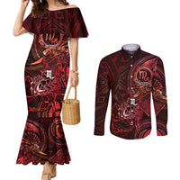 Personalised Polynesia Zodiac Scorpio Couples Matching Mermaid Dress and Long Sleeve Button Shirt Galaxy Polynesian Pattern Chest Tattoo Style