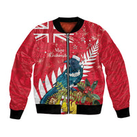 New Zealand Christmas In July Bomber Jacket Tui Bird With Kowhai Meri Kirihimete LT14 Unisex Red - Polynesian Pride