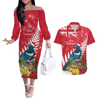 New Zealand Christmas In July Couples Matching Off The Shoulder Long Sleeve Dress and Hawaiian Shirt Tui Bird With Kowhai Meri Kirihimete LT14 Red - Polynesian Pride