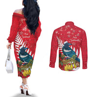 New Zealand Christmas In July Couples Matching Off The Shoulder Long Sleeve Dress and Long Sleeve Button Shirt Tui Bird With Kowhai Meri Kirihimete LT14 - Polynesian Pride