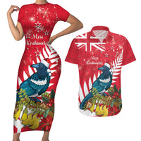 New Zealand Christmas In July Couples Matching Short Sleeve Bodycon Dress and Hawaiian Shirt Tui Bird With Kowhai Meri Kirihimete LT14 Red - Polynesian Pride