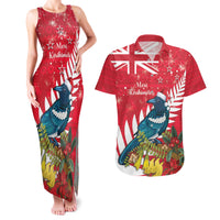 New Zealand Christmas In July Couples Matching Tank Maxi Dress and Hawaiian Shirt Tui Bird With Kowhai Meri Kirihimete LT14 Red - Polynesian Pride
