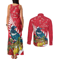 New Zealand Christmas In July Couples Matching Tank Maxi Dress and Long Sleeve Button Shirt Tui Bird With Kowhai Meri Kirihimete LT14 - Polynesian Pride