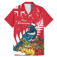 New Zealand Christmas In July Family Matching Mermaid Dress and Hawaiian Shirt Tui Bird With Kowhai Meri Kirihimete LT14 Dad's Shirt - Short Sleeve Red - Polynesian Pride