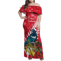 New Zealand Christmas In July Family Matching Off Shoulder Maxi Dress and Hawaiian Shirt Tui Bird With Kowhai Meri Kirihimete LT14 Mom's Dress Red - Polynesian Pride