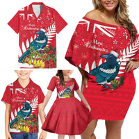 New Zealand Christmas In July Family Matching Off Shoulder Short Dress and Hawaiian Shirt Tui Bird With Kowhai Meri Kirihimete LT14 - Polynesian Pride