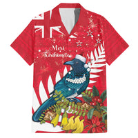 New Zealand Christmas In July Family Matching Off Shoulder Short Dress and Hawaiian Shirt Tui Bird With Kowhai Meri Kirihimete LT14 Dad's Shirt - Short Sleeve Red - Polynesian Pride