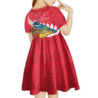 New Zealand Christmas In July Kid Short Sleeve Dress Tui Bird With Kowhai Meri Kirihimete LT14 - Polynesian Pride